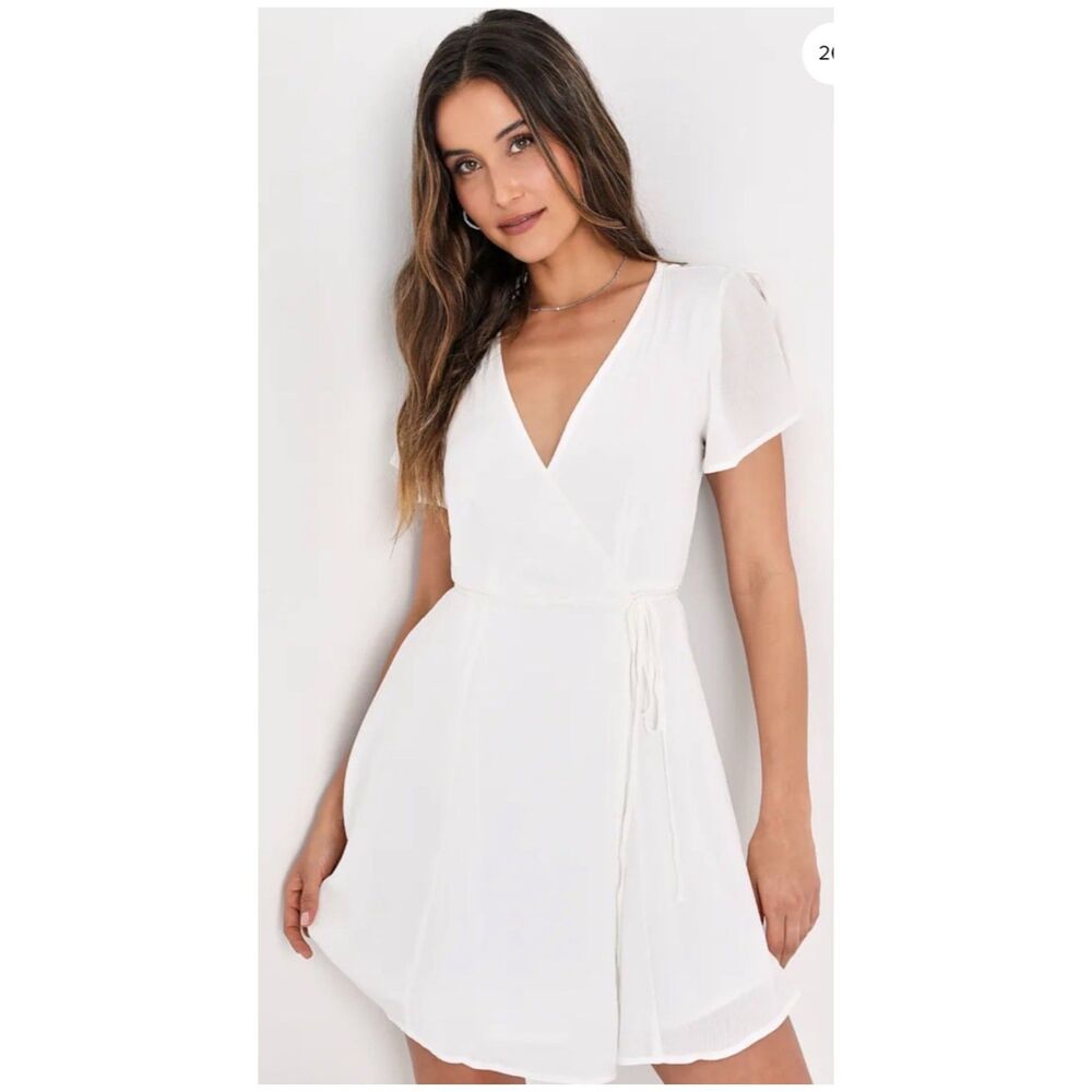 LULUS V-Neck Harbor Point White Mini Wrap Dress